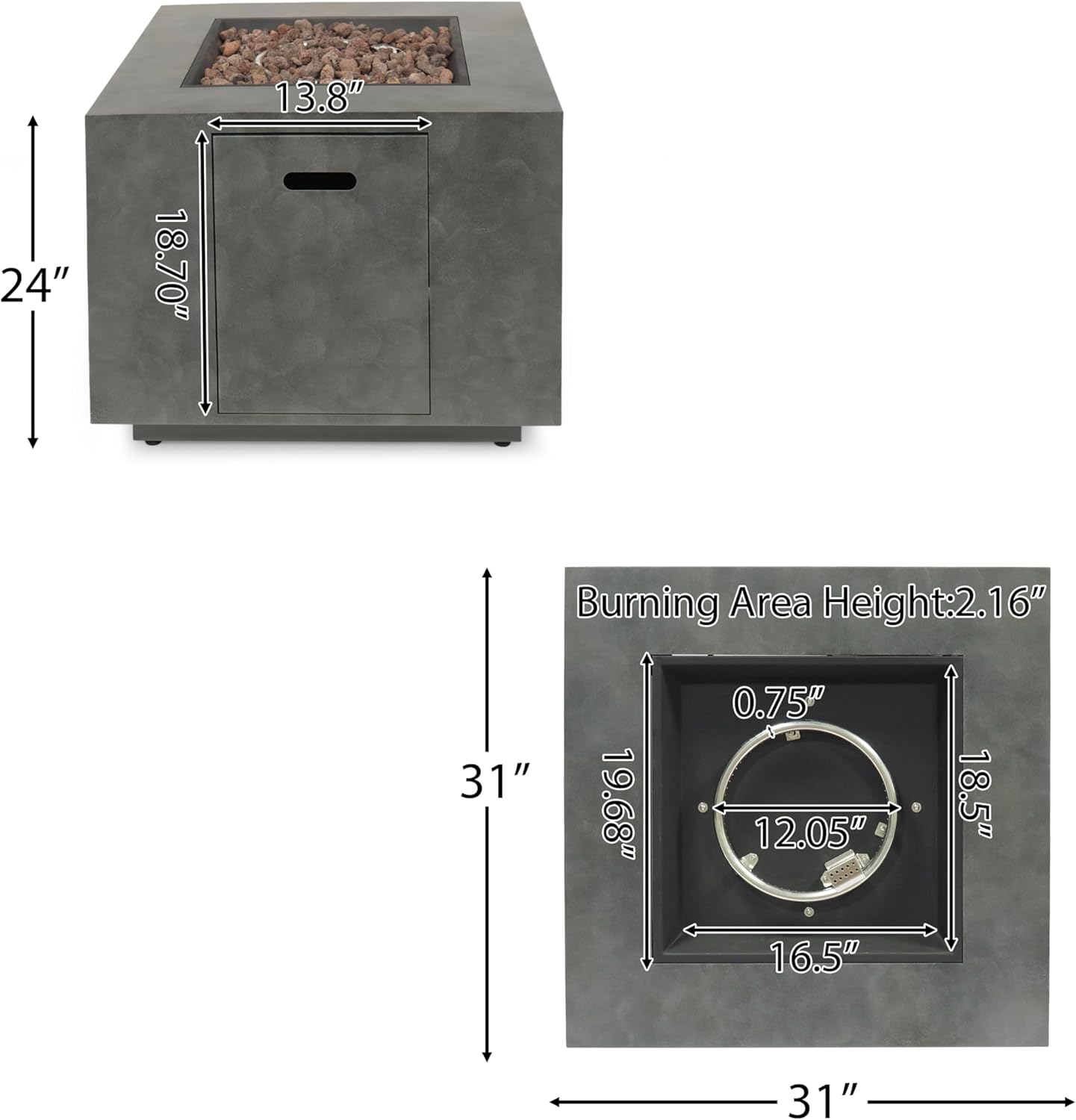 Square Propane Fire Pit Table with Built-in Tank Space, 50,000 BTU Outdoor Fire Pit in Stone Gray, Portable Heating for Outside Use, 33 Inch Iron Gas Fire Pits for Patio Backyard Garden, Only Table