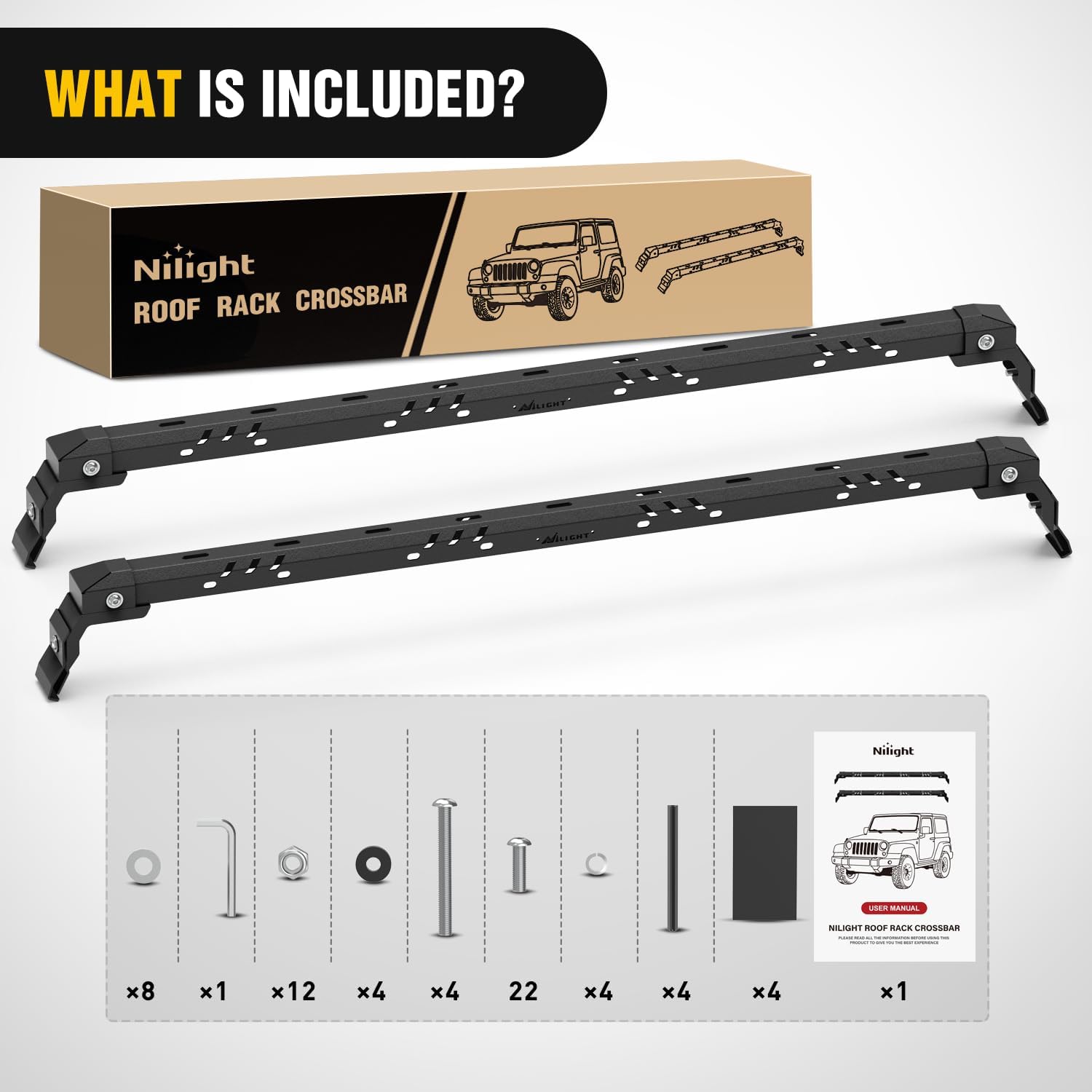 Nilight 420LBS Roof Rack Cross Bars Compatible with Jeep Wrangler JK JKU 2007-2018 JL JLU 2018-2025 Gladiator JT 2020-2025 Hardtop Models, Adjustable Iron Crossbars for Cargo Carrier Luggage Box Tent
