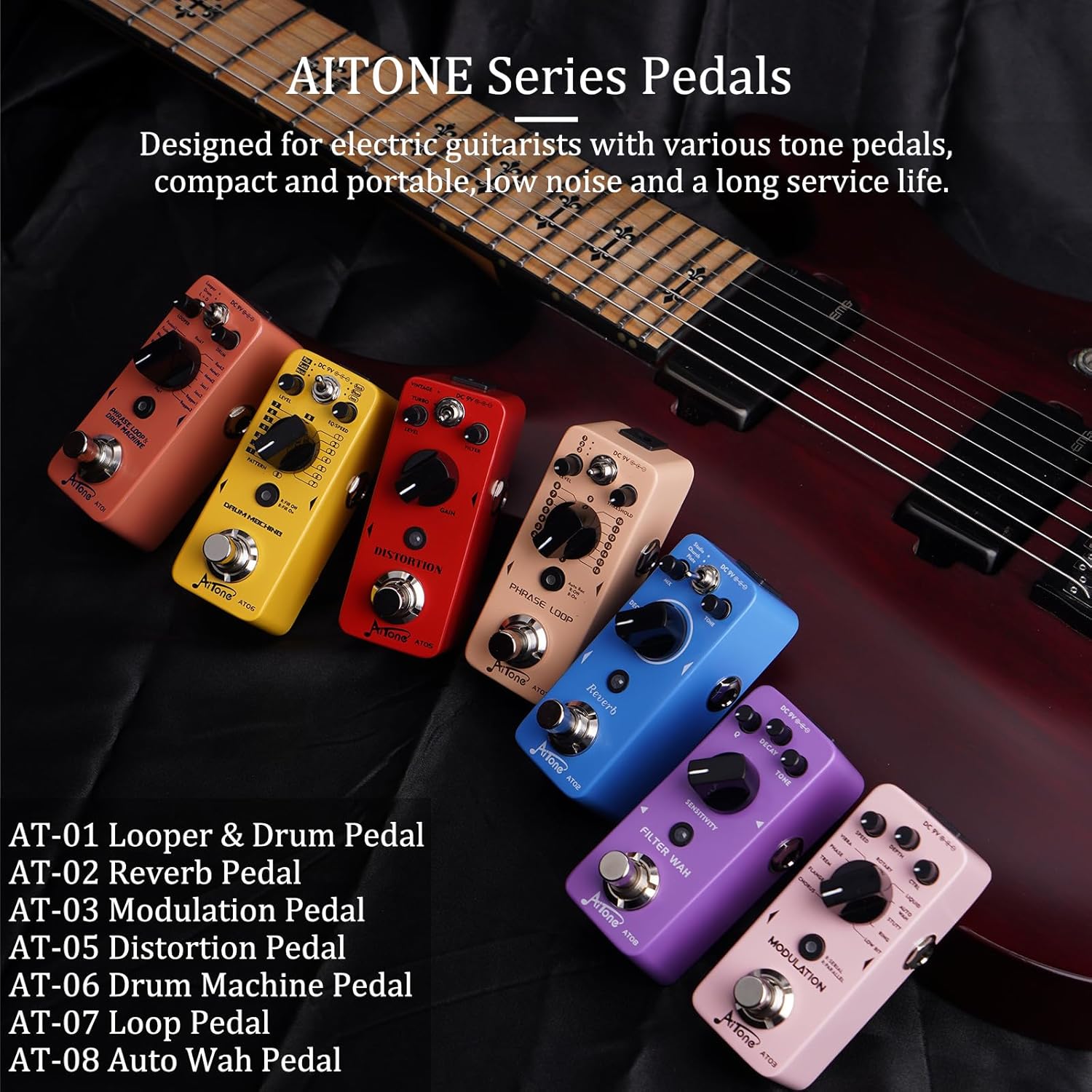 AITONE Drum Machine Guitar Pedal (AT-06) and Patch Cables 6 Pack 1/4