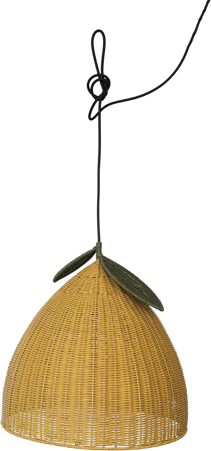 Creative Co-Op Hand-Woven Rattan Lemon Shaped Pendant Lamp, Yellow and Green(Hardwire Only)