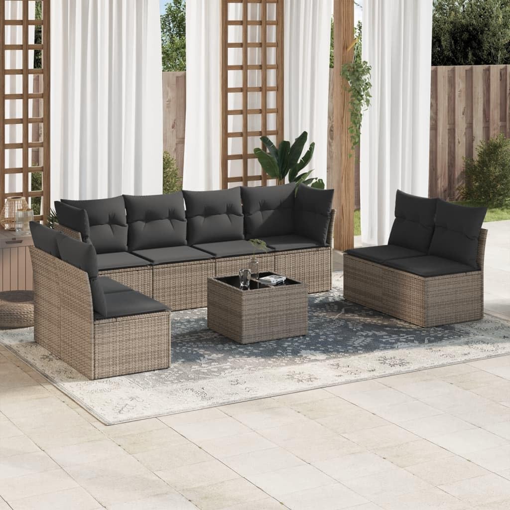 Garden Sofa Set Grey PE Rattan, Polyester, Foam, Cotton Fiber Large, Outdoor Patio Furniture for 8 People, Modern Sectional Seating for Backyard