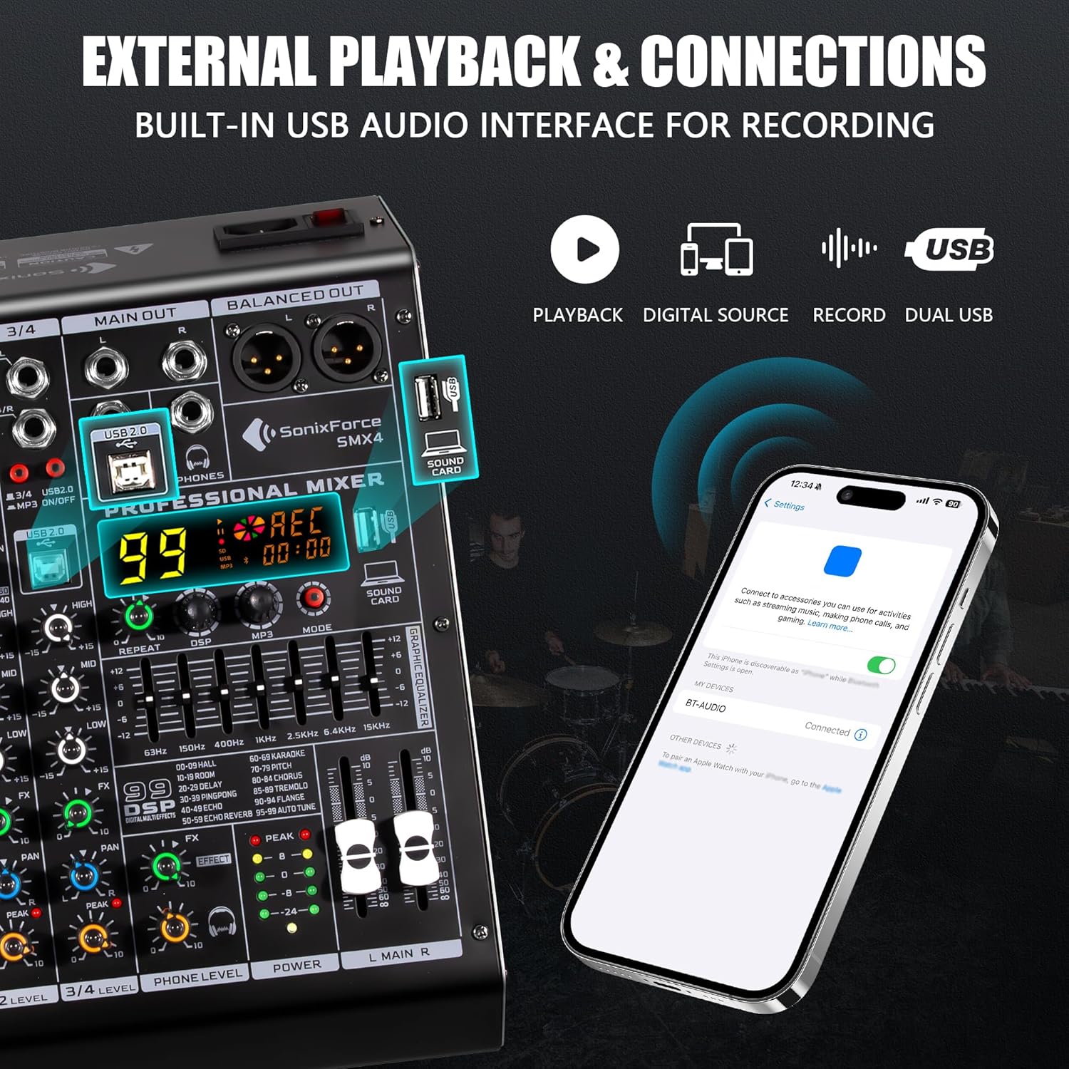 4 Channel Audio Mixer, 99 DSP Sound Board Console with 48V Phantom Power, Professional DJ Mixer for Podcasting, Streaming, Studio Recording (SMX4)