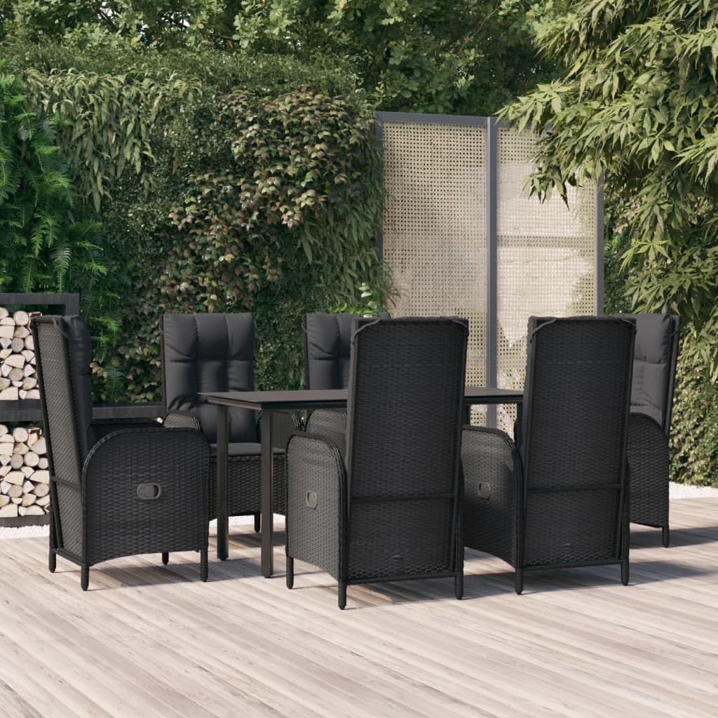 7 Piece Patio Dining Set with Cushions Black Poly Rattan Garden Furniture