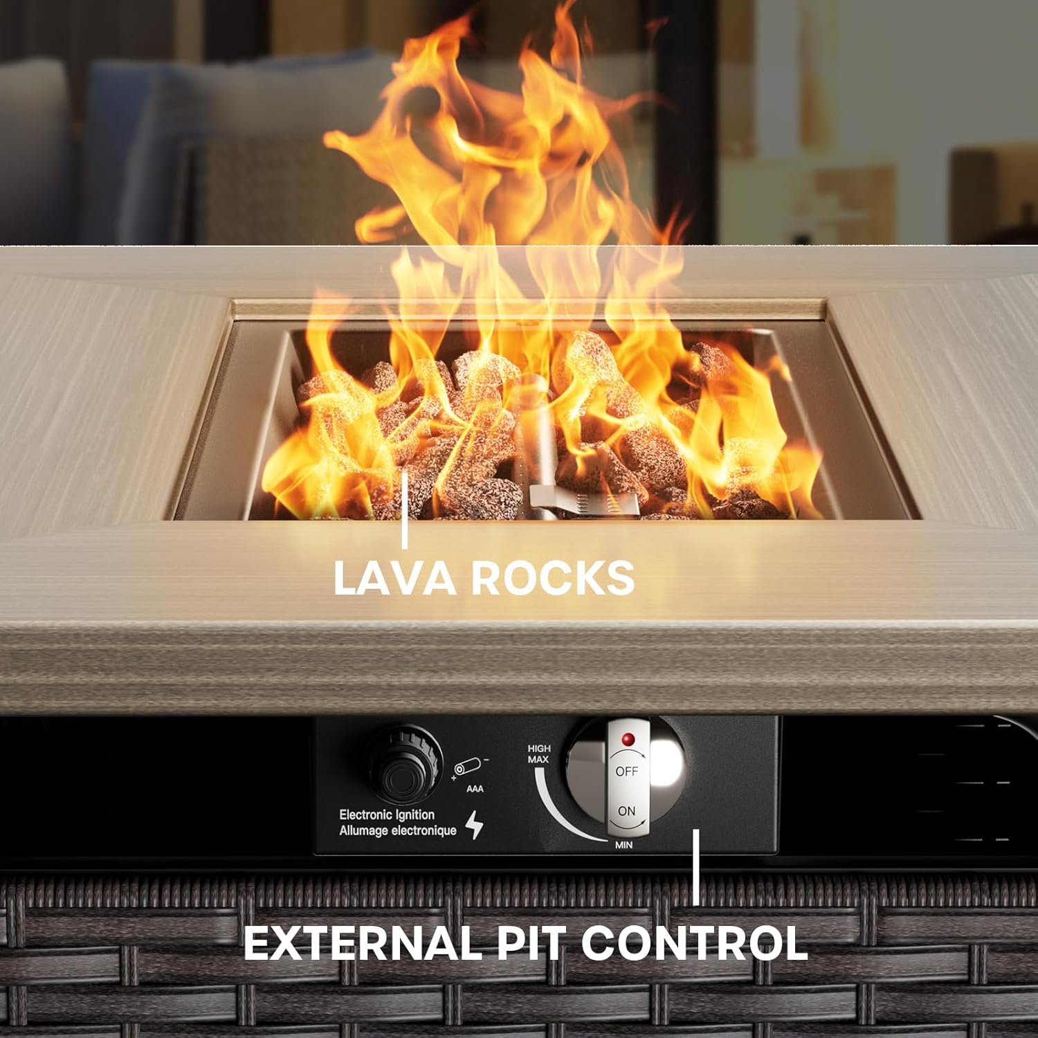 Outdoor Fire Table 41in Rectangle Propane Fire Pit Table, 50000 BTU Gas Fire Pit Table with Lava Rocks Brown Wicker 2-in-1 Firepit Table for Patio Garden Balcony