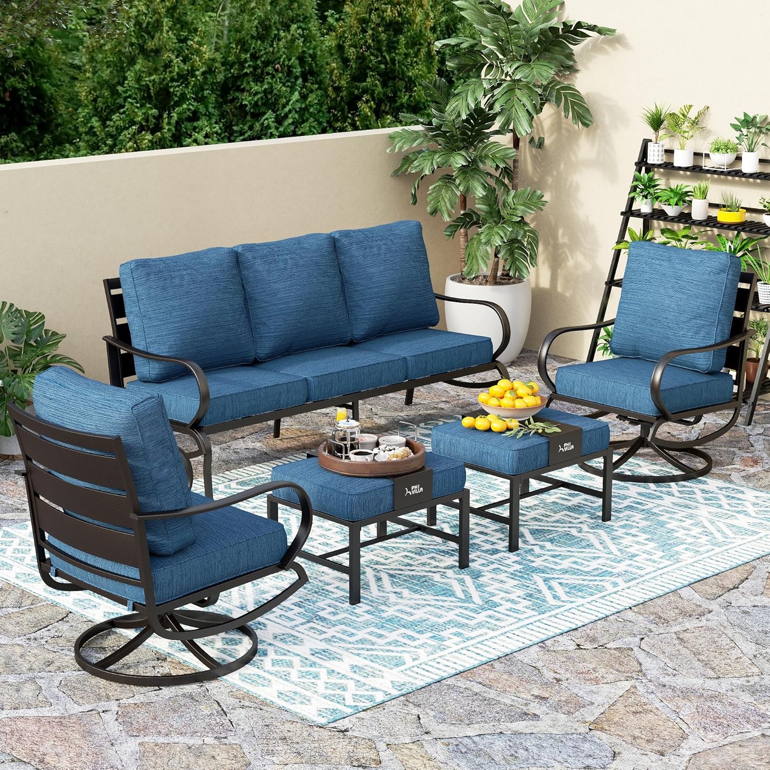 PHI VILLA 5 PCS Patio Furniture Set, Metal Deluxe Patio Set with 1 x 3 Seater Deep Seating Bench, 2 x Swivel Sofa Chairs & 2 x Metal Cushioned Ottoman, Outdoor for Garden, Peacock Blue
