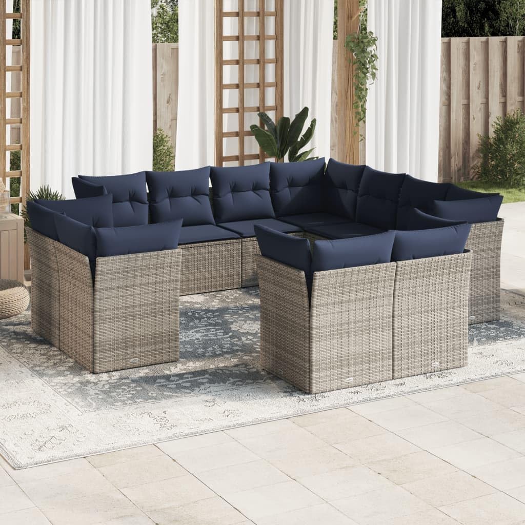 11 Piece Patio Sofa Set, Gray Poly Rattan Outdoor Furniture with Cushions, Modular Design for Backyard Terrace, UV-Proof