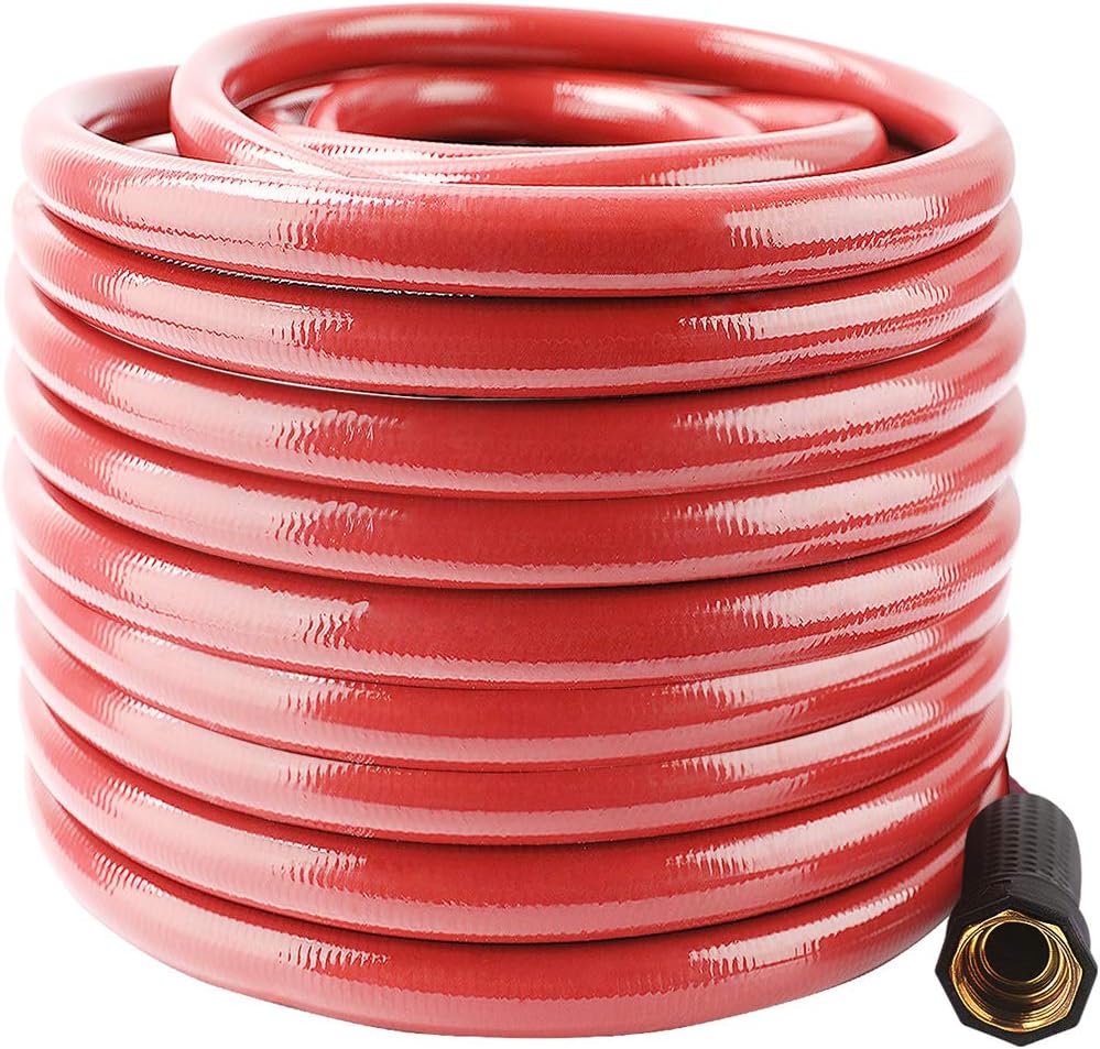 Solution4Patio Long Red Garden Hose 5/8 in. x 100 ft. -Kink Free, No Leaking, Male/Female Fittings -Heavy Duty Durable Flexible Lightweight Water Pipe -Brass Aluminum Ends for Household & Yard Use