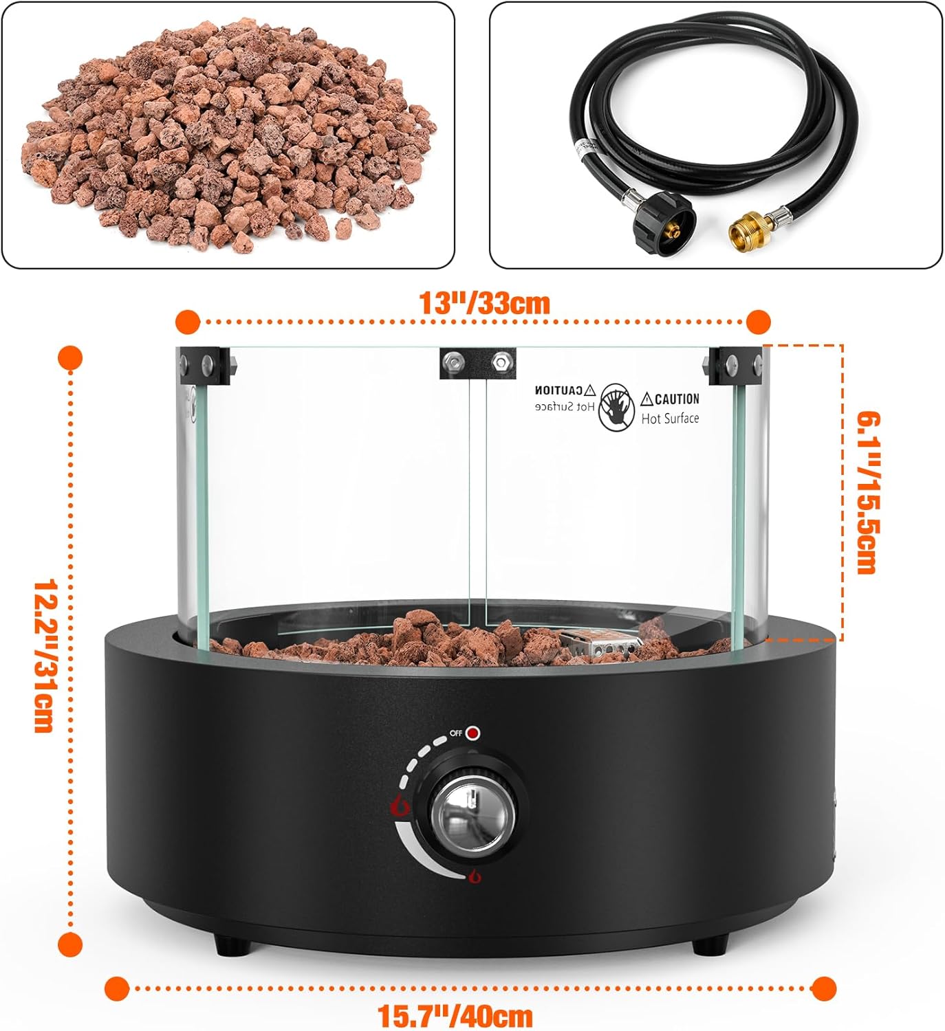 ONLYFIRE OUTDOOR LIVING Tabletop Propane Gas Fire Pit Side-Mounted, Portable Smokeless Gas Firepit with Glass Wind Guard & Lava Rocks for Patio Backyard Camping Bonfire RV Tailgating, Round FP038