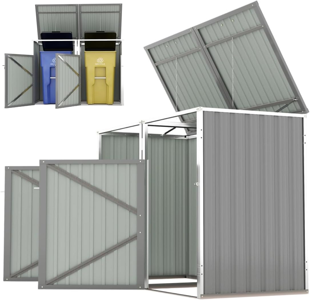 Outdoor Storage Shed for 2 Trash Cans, 54 Cubic Feet Metal Enclosure with Lockable Lid, Galvanized Steel Garbage Can Cover for Patio, Backyard, Garden (Light Grey)