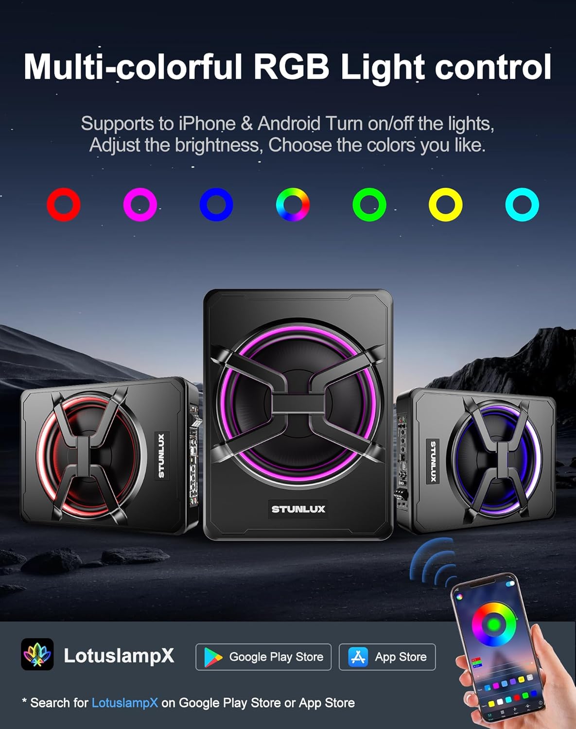 800W Slim Under Seat Powered Car Subwoofer Kit with Colorful LED Light,High/Low Level Input, Built-In Amplifier, And Car/Truck Audio System for Ultimate Sound Performance – Subwoofer and Amp Package