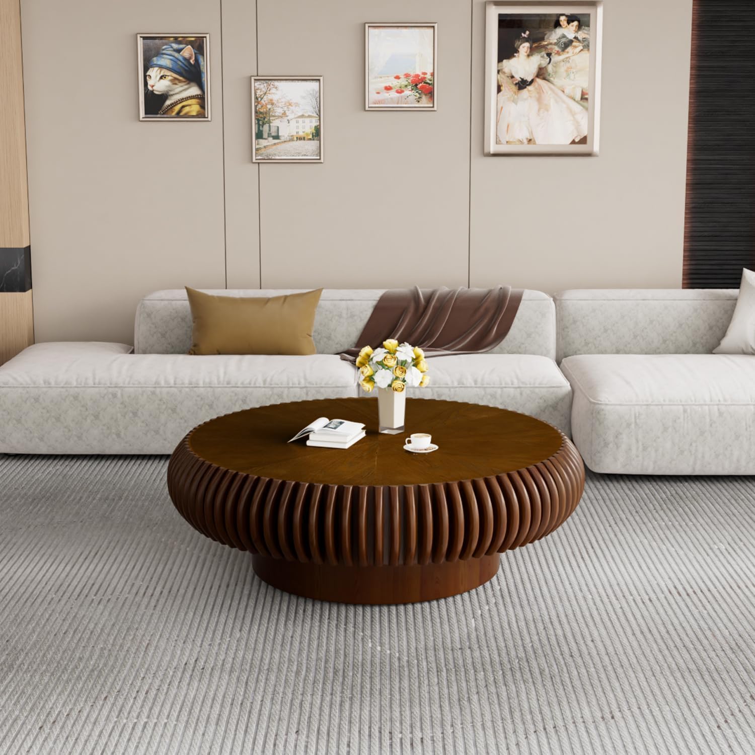 Handcrafted Solid Wood Round Grooved Coffee Table Modern Curved Fluted Drum Center Table Stylish Focal Point for Contemporary Living Room (C Walnut 100cm)