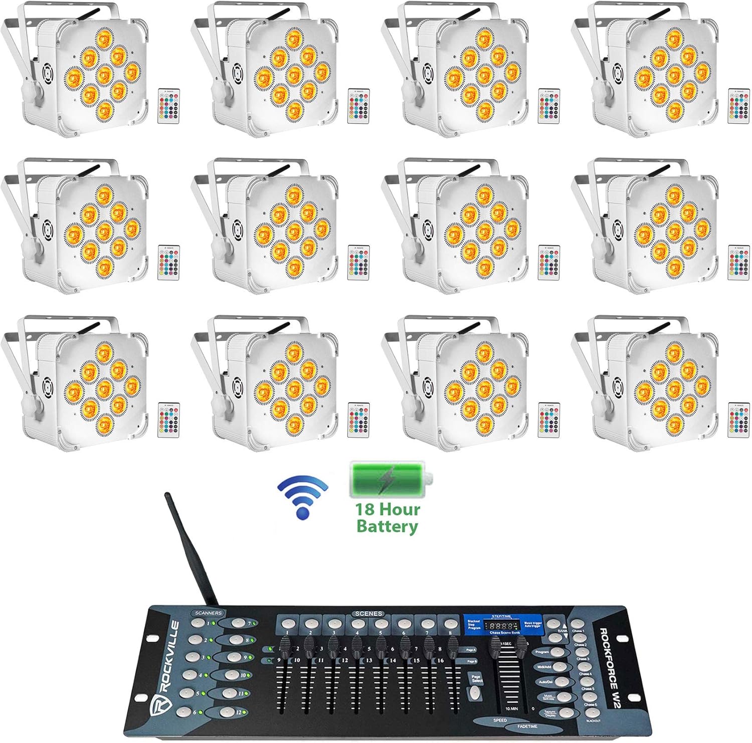 12 Rockville Best PAR 60 White Rechargeable Wash Lights+Wireless DMX Controller