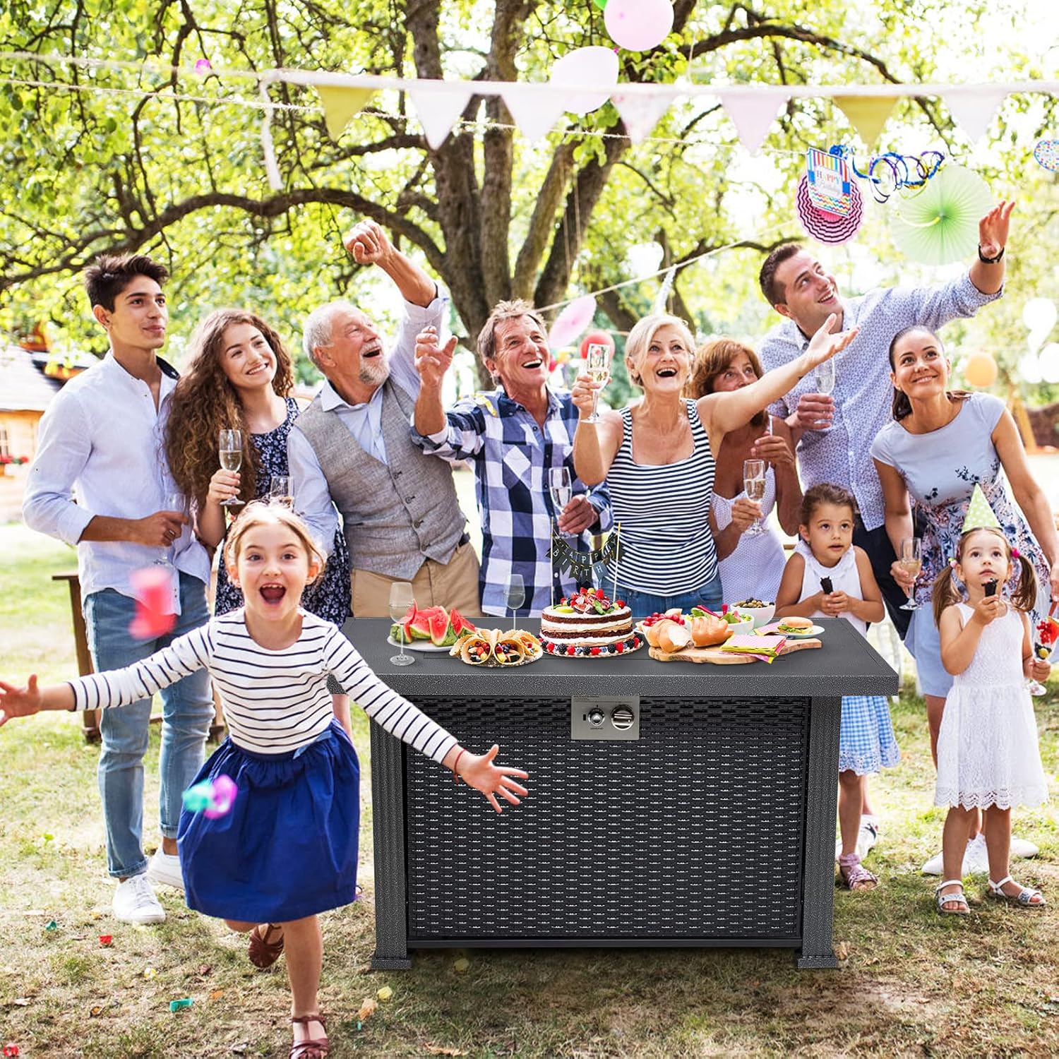 Garvee 44 in Propane Fire Pit Table, 50000BTU Rectangle Fire Table with Cover & Rain Cover, Sturdy Steel and Iron Fence Surface, CSA Safety Certified, Companion for Your Garden (44 in)