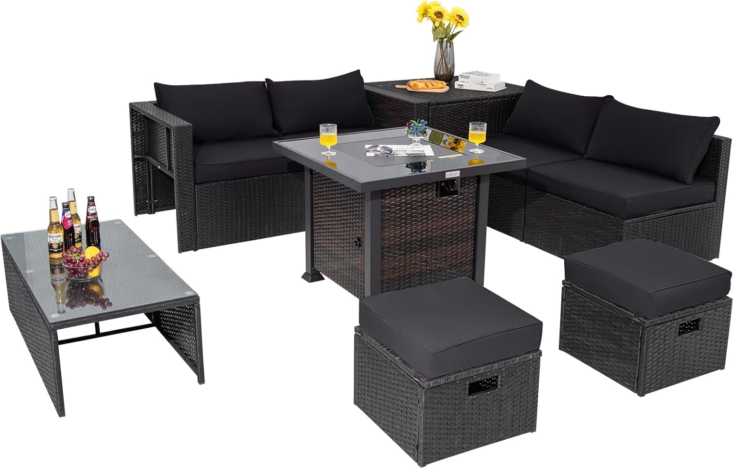 Tangkula 9 Pieces Patio Furniture Set with 32” Fire Pit Table, 50,000 BTU Square Propane Fire Pit, Space-Saving Outdoor PE Rattan Sectional Conversation Set with Rectangular Coffee Table (Black)
