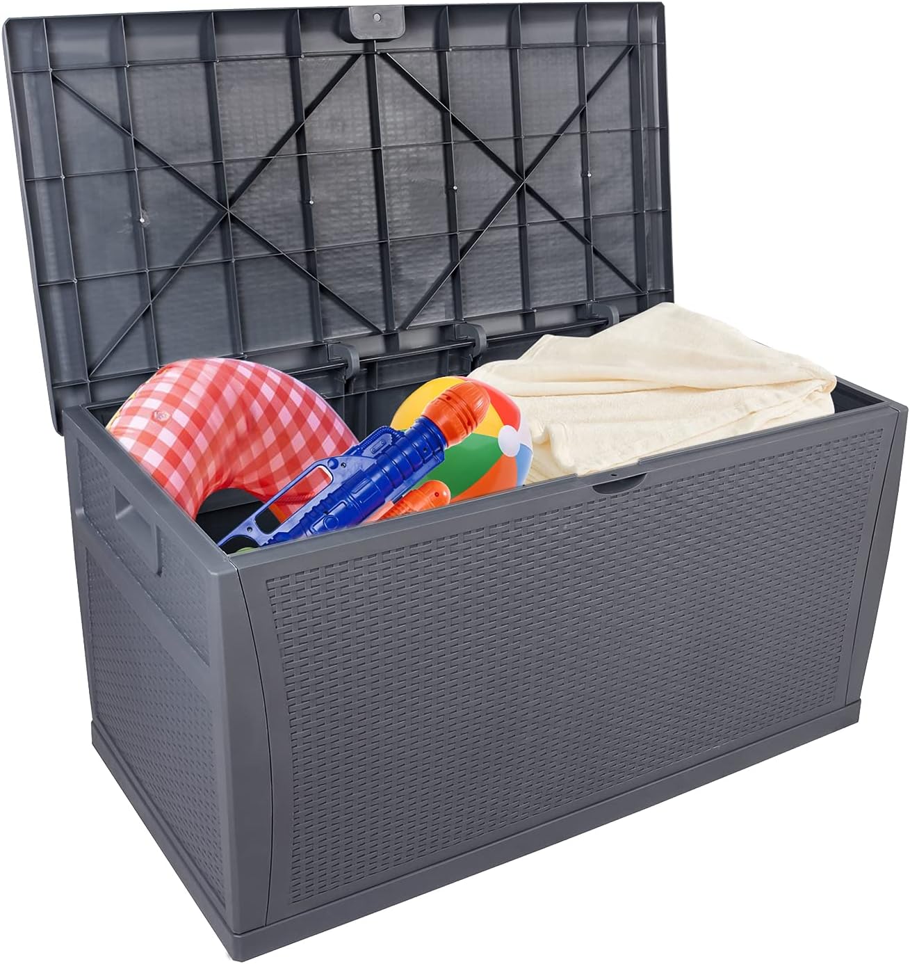 113gal/120gal Plastic Deck Storage Container Box Outdoor Patio Garden Furniture Lockable Seat Waterproof Outdoor Patio Garden Furniture (Grey, 120gal)