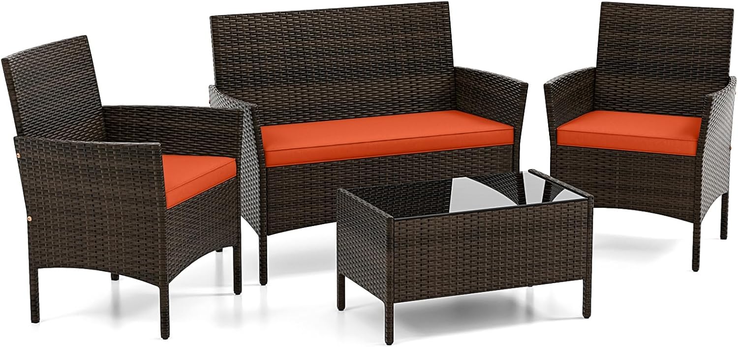 DORTALA 4-Piece Rattan Patio Furniture Set, Outdoor Table & Chair Set with Tempered Glass Coffee Table, Cushion, Wicker Conversation Set for Garden, Lawn, Poolside and Backyard, Orange