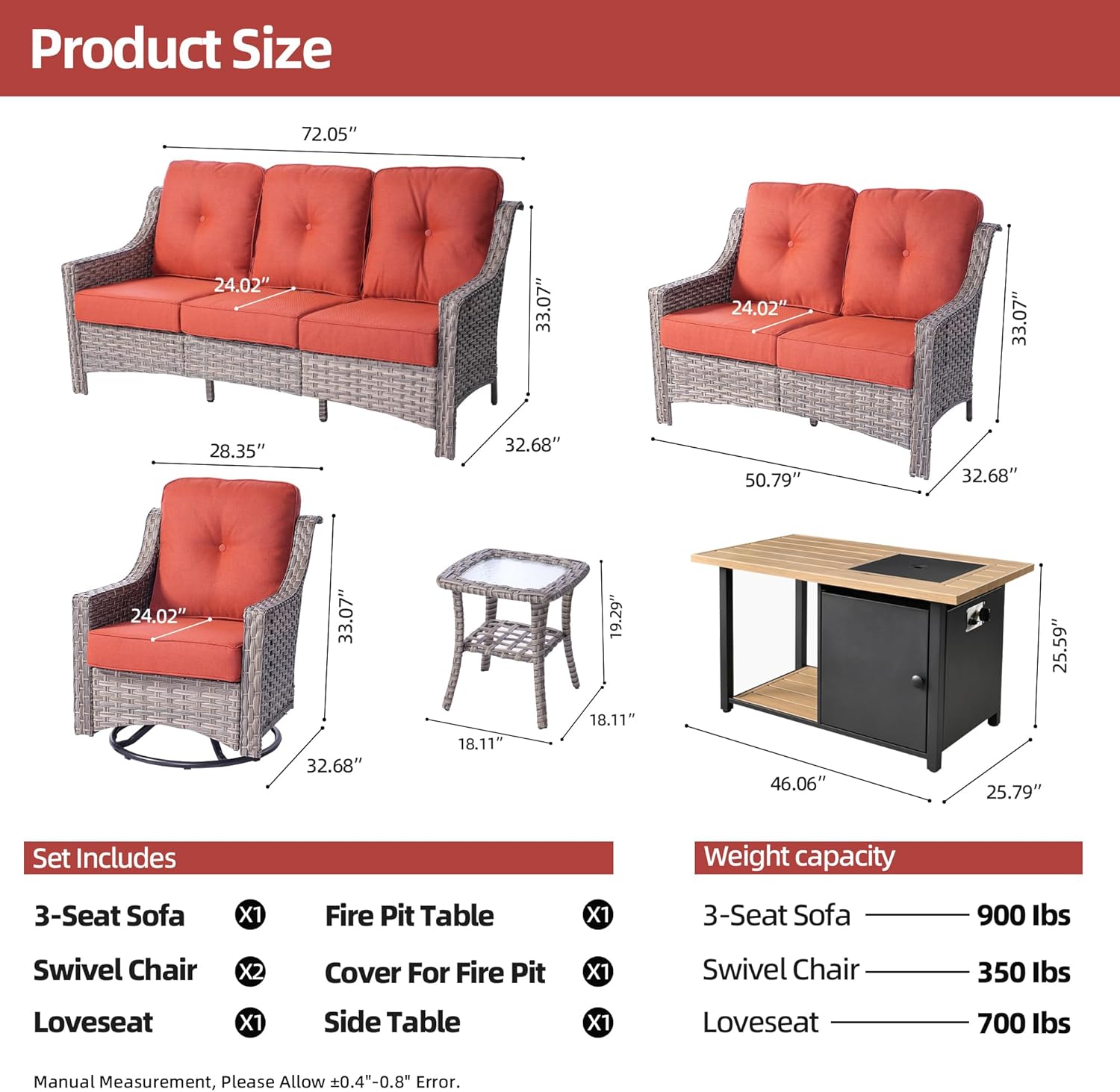 Patio Furniture Set,6 Pieces Wicker Patio Furnitures with Outdoor Loveseat,Double-Deck Fire Pit Table,Swivel Rocking Chairs,All Weather Patio Conversation Sets,Bold Orange