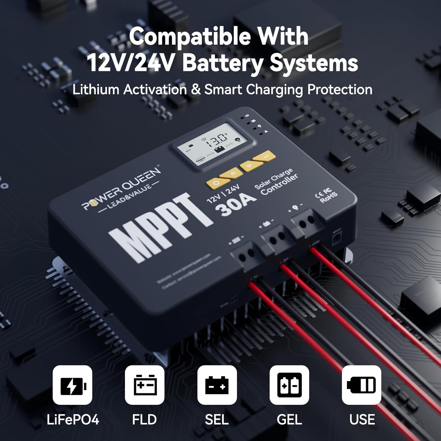 Power Queen 30 Amp MPPT 12V/24V Solar Charge Controller with Built-in Bluetooth,Support Remote Monitoring,Default for LiFePO4 Batteries and Compatible with Sealed, Flooded, Gel and Lead-Acid Battery