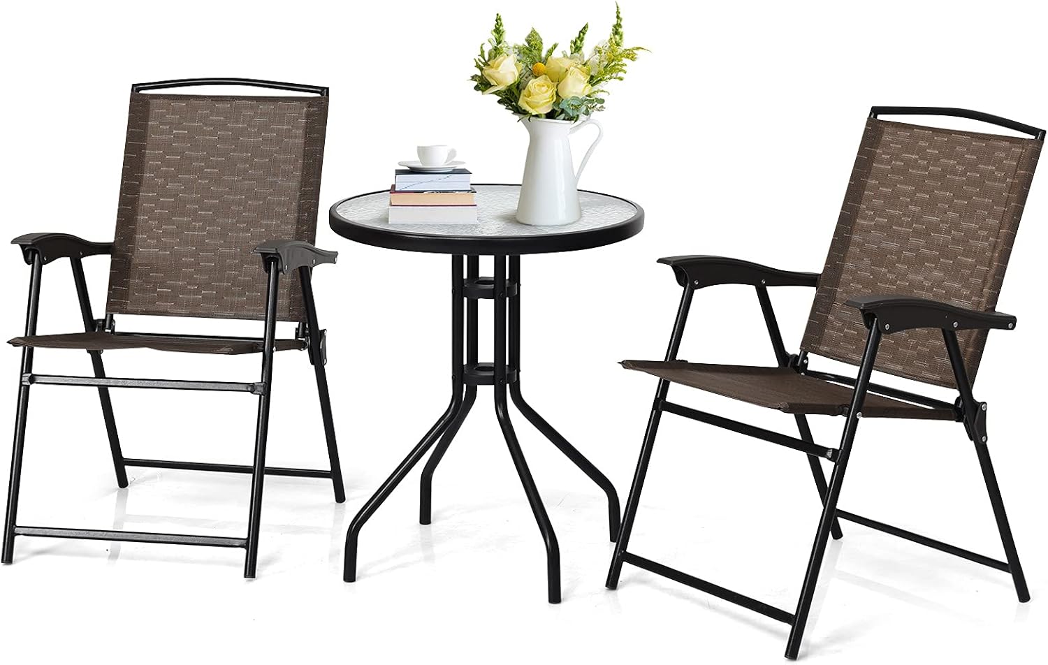 Tangkula 3 Pieces Patio Bistro Set, Outdoor Folding Chairs & Table Set with Tempered Glass Tabletop, Round Table & 2 Foldable Chairs, Small Outdoor Furniture Set for Garden, Poolside & Backyard