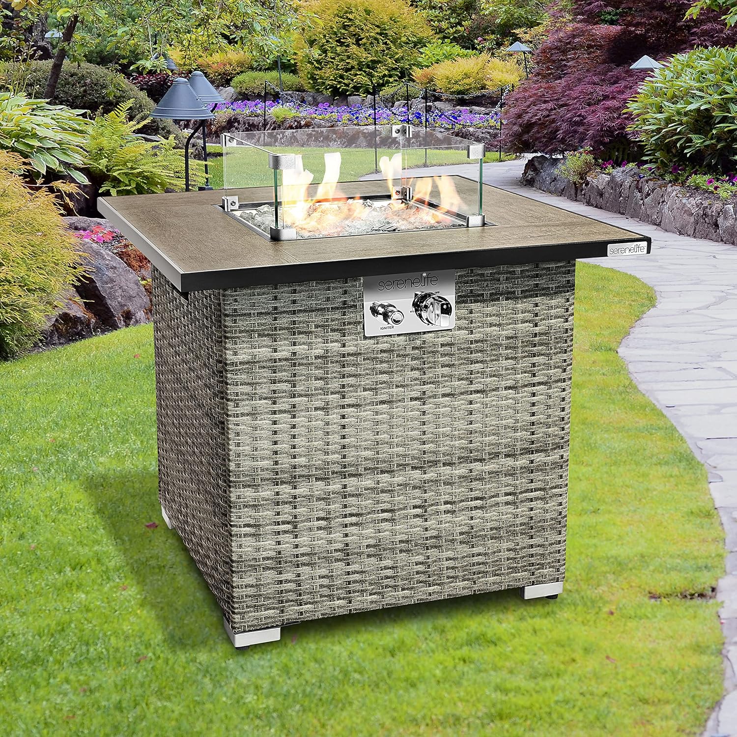 SereneLife Propane Fire Pit Table, 50000 BTU CSA/ETL Certified Safe Gas Table with Sturdy Wicker Base, Stainless Steel Burner, Glass Wind Guard & Cover, Outdoor Fireplaces for Parties