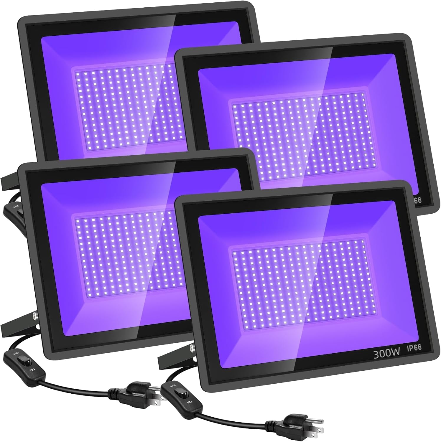 4 Pack 300W LED Black Flood Light, Outdoor with Plug and Switch, IP66 Waterproof Blacklight for Glow Party, Halloween, Fluorescent Poster, Body Paint, Aquarium