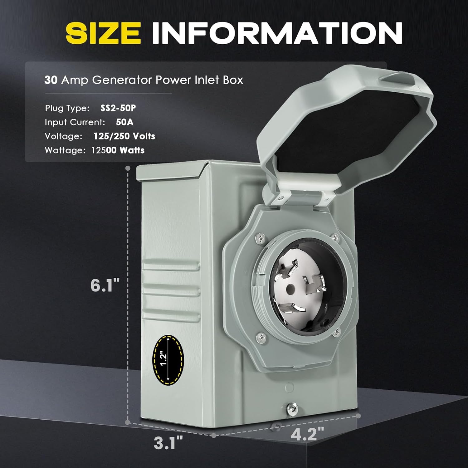 50 Amp Generator Power Inlet Box, NEMA SS2-50P Power Inlet Box for 3 Prong Generator Cord, 125/250 Volt, 12500 Watts, Weatherproof, Outdoor Use, ETL Listed, Light Green