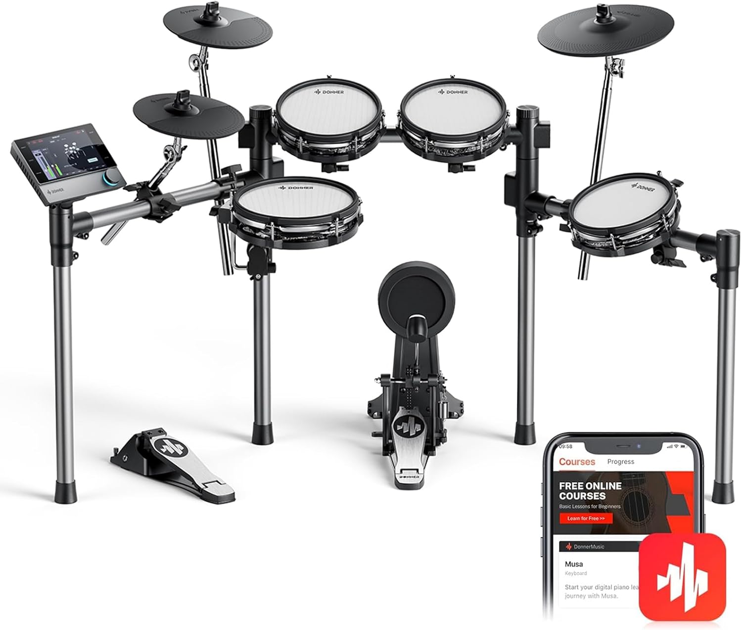 Donner Beat Electronic Drum Set, Electric Drum Kit with Quiet Mesh Drum Pads, 12