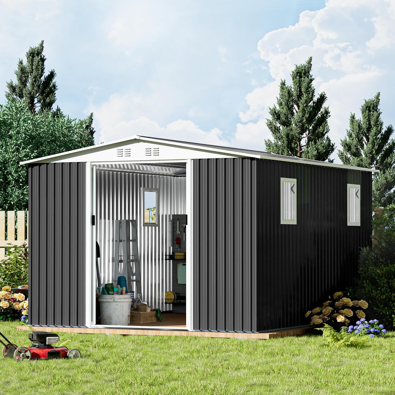 10x12ft Outdoor Storage Shed Waterproof Garden Metal Storage Shed with Lockable Door, Windows & Vents, Tool Metal Storage for Patio Furniture Lawnmower,Garbage Can, Chicken Coop (Grey, 10x12FT-APEX)