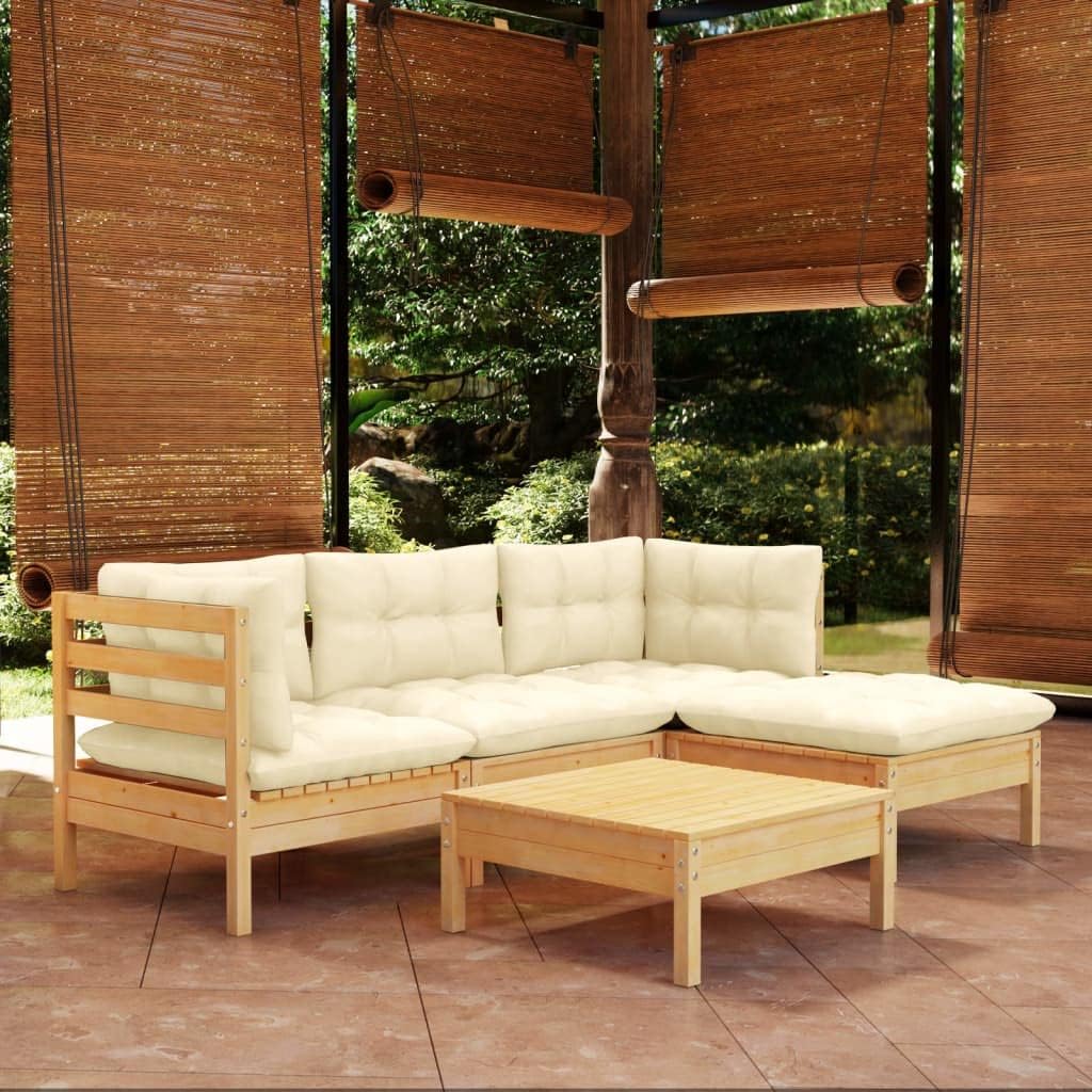 5 Piece Patio Lounge Set with Cream Cushions Pinewood,Versatile Patio Lounge Set: Solid Pinewood with Comfortable Cushions and Modular Design for Relaxation and Customization Patio Furniture Sets, Out