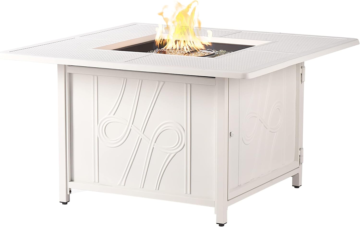 Square 42 in. x 42 in. Aluminum Propane Fire Pit Table with Glass Beads, Two Covers, Lid, 57,000 BTUs in White Finish