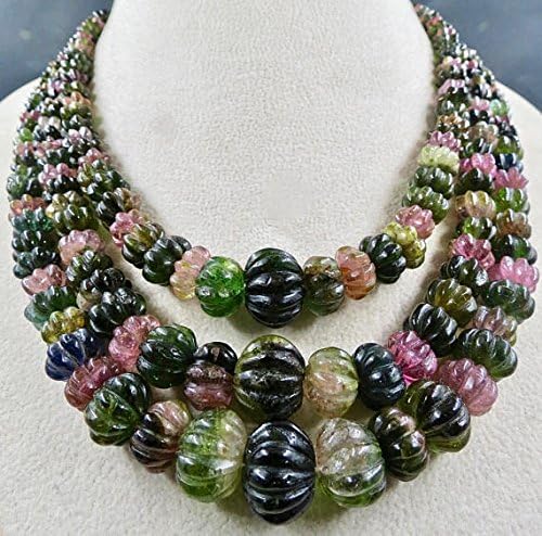 19 inch 3 Strand Necklace of Natural Multi Tourmaline Melon Shape Carved Cut 16mm-6mm Beads for DIY Jewelry Making.