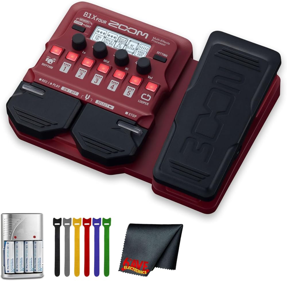 Zoom B1X Four Bass Multi-Effects Pedal with Expression Pedal Bundle With Microfiber Cleaning Cloth + 4x AA Batteries With Charger + 6 Pack Wire Straps