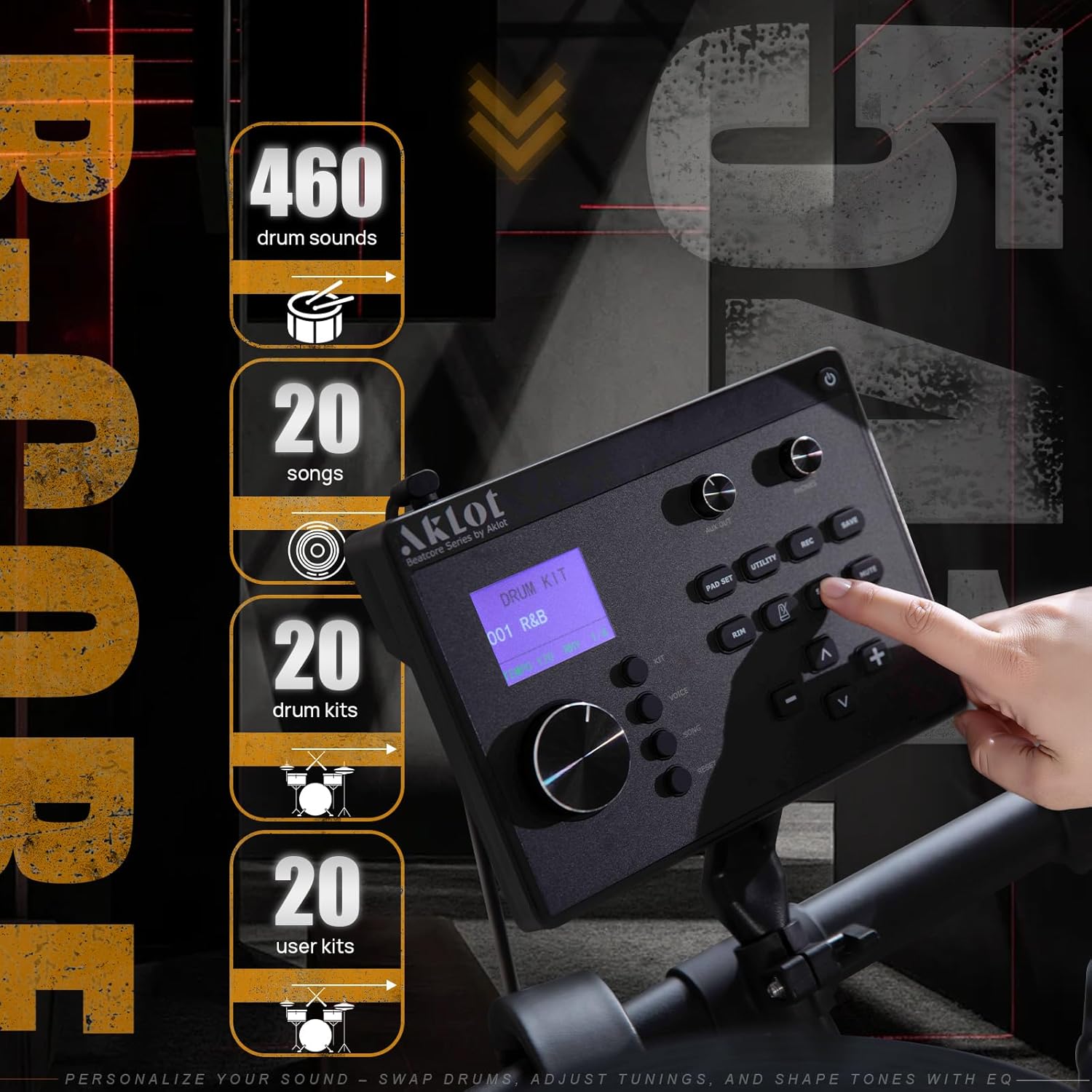 AKLOT Expanded-Size Electric Drum Set: 12'' Two-Piece Standalone Hi-Hat, Independent Kick Drum and 10'' Dual-Zone Snare, 12'' Triple-Zone Ride Cymbal, All Mesh Heads, 460 Sounds, USB MIDI (B-CORE541)