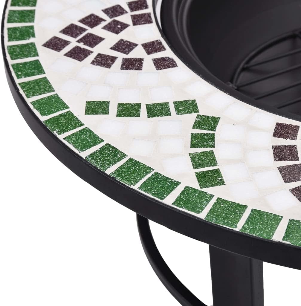 Mosaic Fire Pit Green Steel Fire Pit Bowl with Grid and Tabletop for Outdoor Heating and BBQ Use 26.8