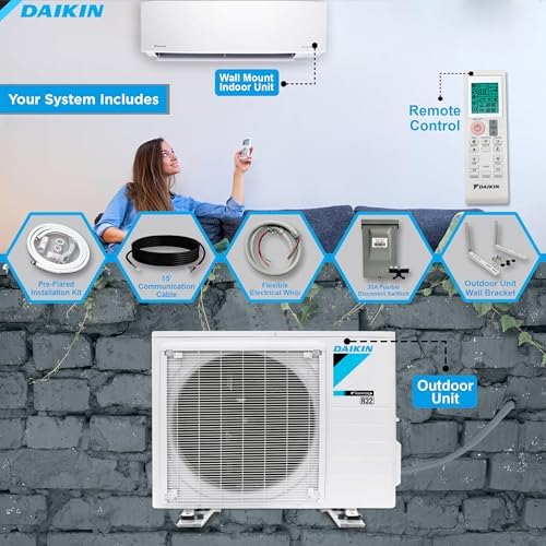 Daikin 24,000 Btu 18 SEER2 Ductless Mini-Split Wall Mount Heat Pump Air Conditioner - R32 w/ 15' Installation Kit, 1/2 Whip, 30A Disconnect, and Wall Bracket