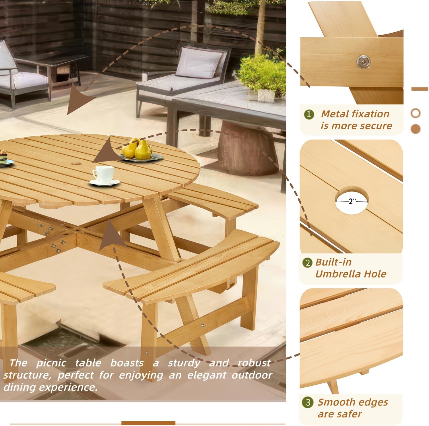 8 Person Picnic Table, Wood Outdoor Round Table and Bench Set with 4 Built-in Benches & Umbrella Hole for Garden, Backyard, Porch & Patio, 500lbs Capacity Per Bench (Natural)