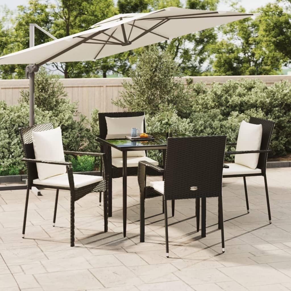 5 Piece Patio Dining Set with Cushions Black Poly Rattan Garden Furniture