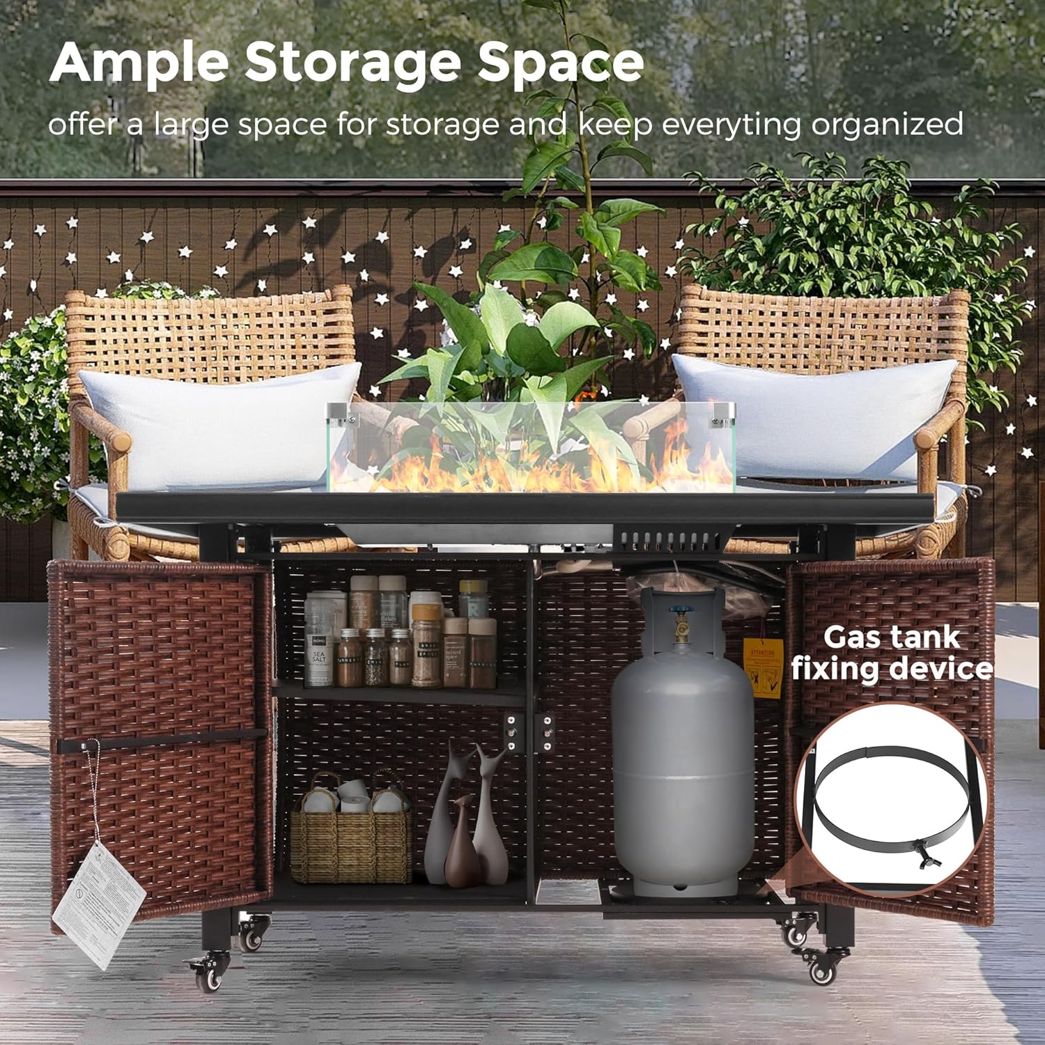 43 Inch Outdoor Fire Table with Ceramic Tile Tabletop Propane Fire Pit Table 60,000 BTU Gas FirePit CSA Certified Wicker Rattan Fire Table with Lid Glass Rock Wheels Waterproof Cover Gloves