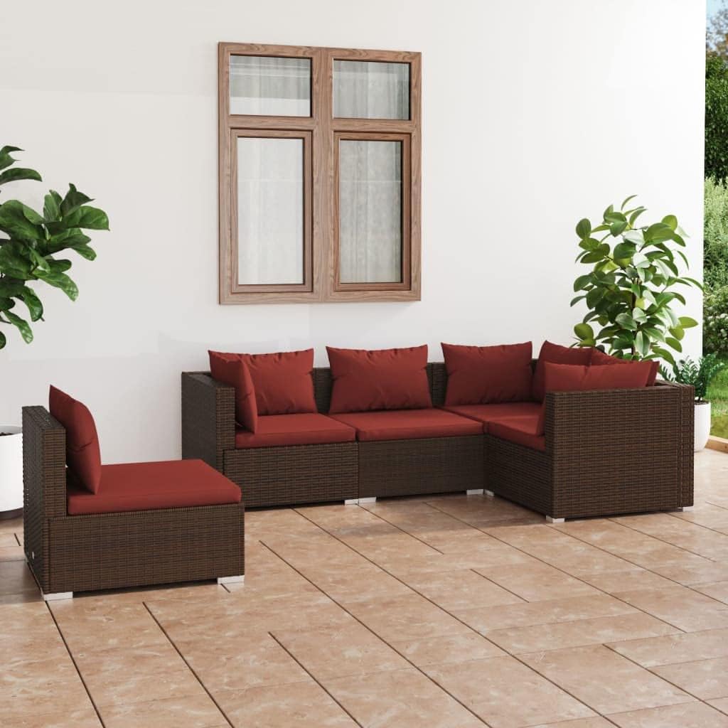 5 Piece Patio Lounge Set with Cushions Poly Rattan Brown,Premium Outdoor Lounge Set with Modular Design for Endless Comfort and Style Patio Furniture, Outdoor Furniture Sets