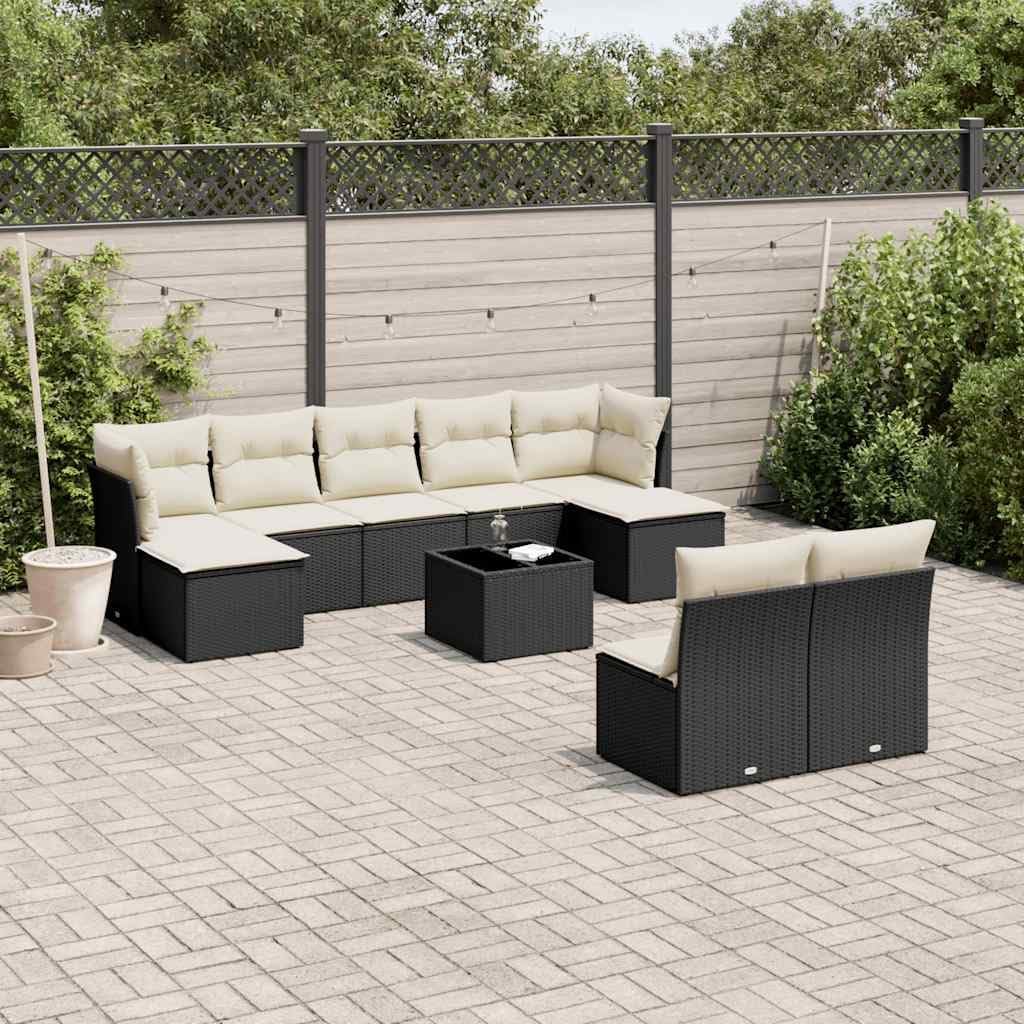 Large Modular Garden Sofa Set, Black and Cream PE Rattan, 10-Piece Outdoor Patio Furniture, All-Weather Seating for Deck, Backyard Gatherings