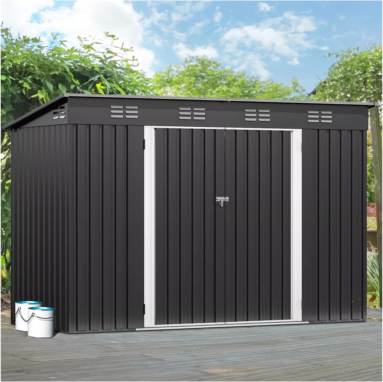 Black and Silver 9.1x4.2 FT Two Tone Outdoor Large Storage Shed Metal Tool Sheds Heavy Duty House Patio Tool Garden Waterproof All Weather Hinged Doors Lockable Rust Protect 105.3
