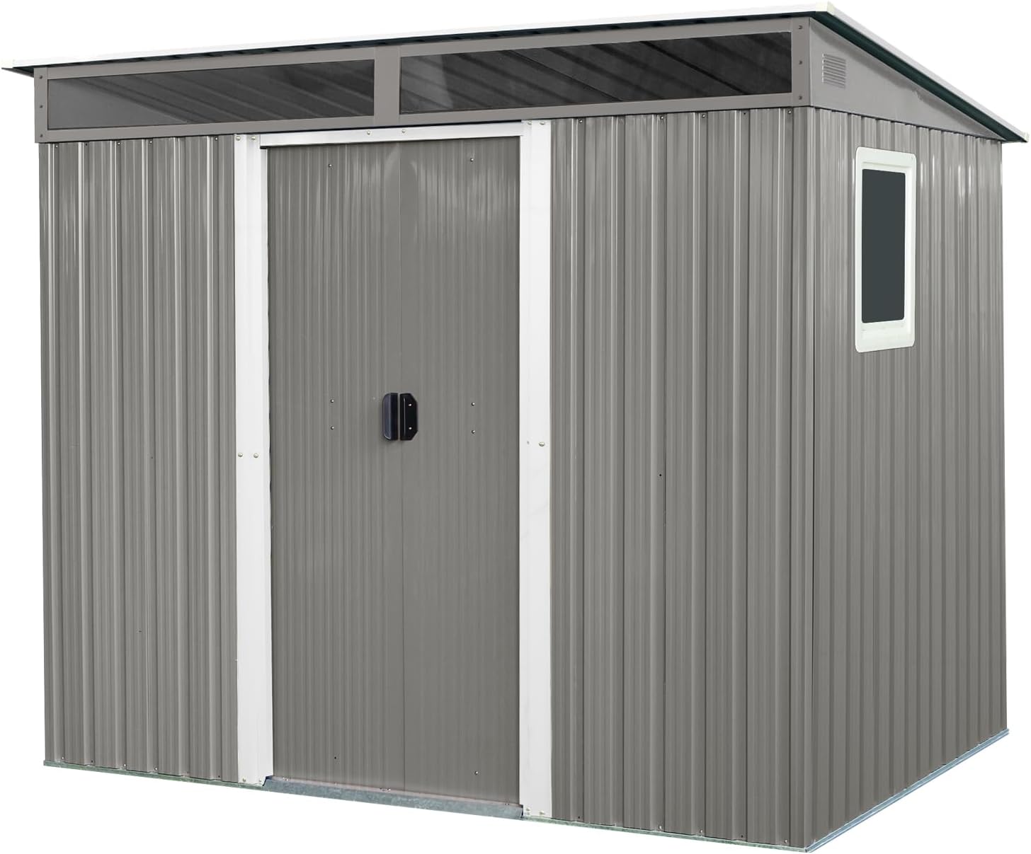 Outdoor Metal Storage Shed Window Ventilation Foundation Frame Waterproof UV-Resistant Insulated Galvanized Steel Panels Sliding Doors Padlock Hooks Shelf Anchors Gloves Tool Rack (Gray,8x6FT)