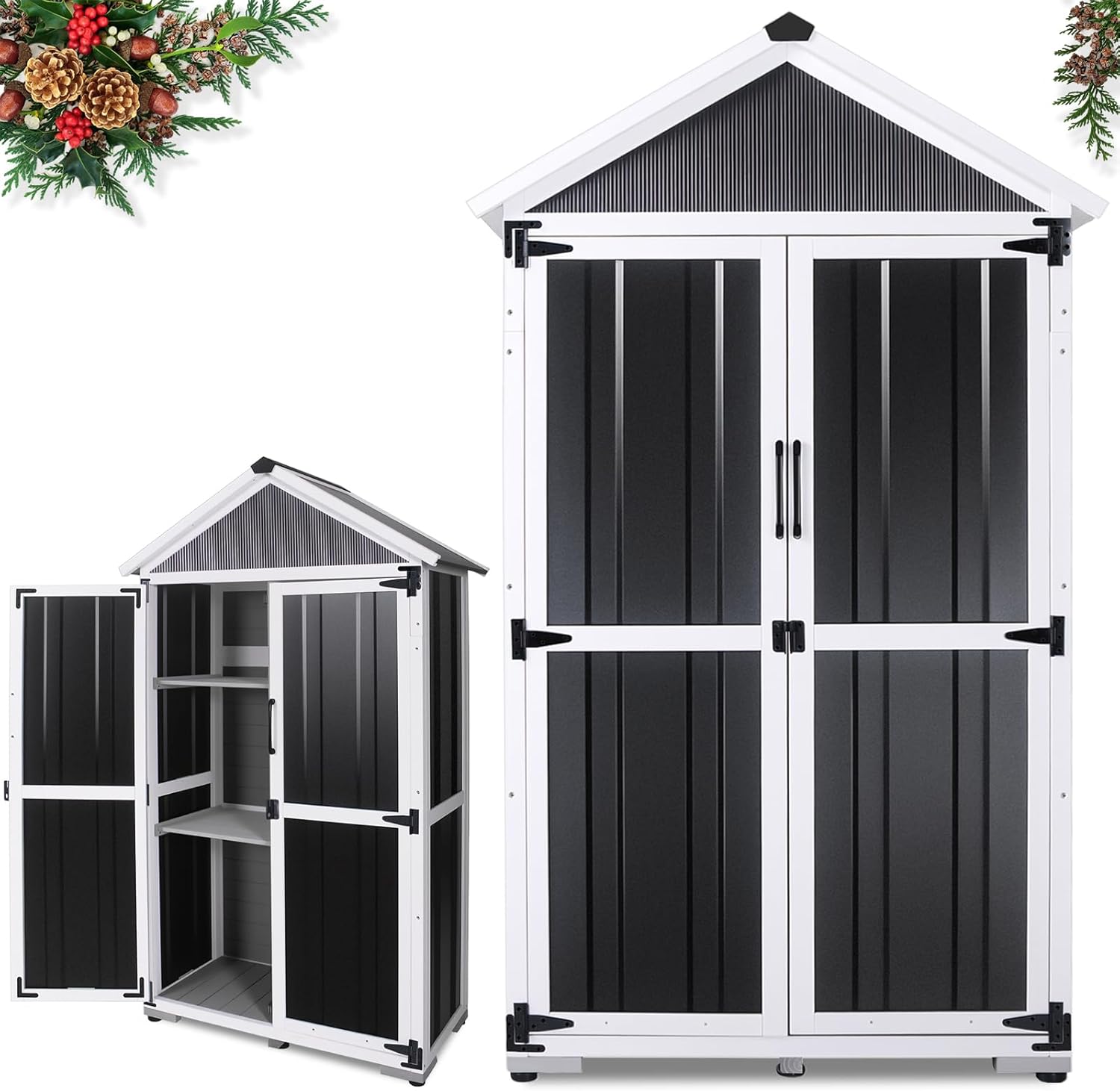 Outdoor Storage shed Small Storage shed with Floor Wooden Frame Lockable Metal Door Adjustable Shelves Cabinets Waterproof Large Capacity Storage Tool Cabinet Box for Backyard Garden Patio Lawn