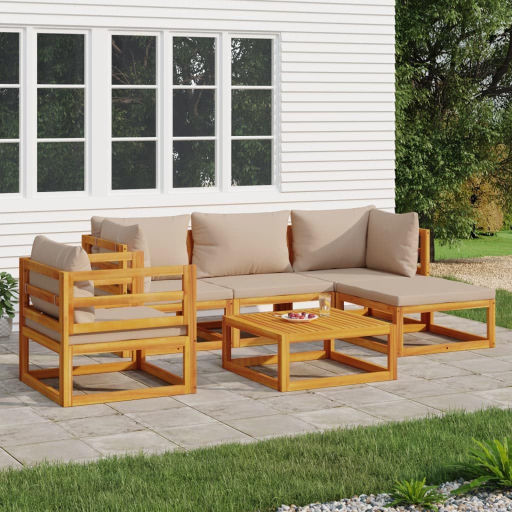 6-Piece Garden Lounge Set, Taupe Solid Acacia Wood Outdoor Furniture with Cushions, Patio Dining Table and Chairs Set for Balcony