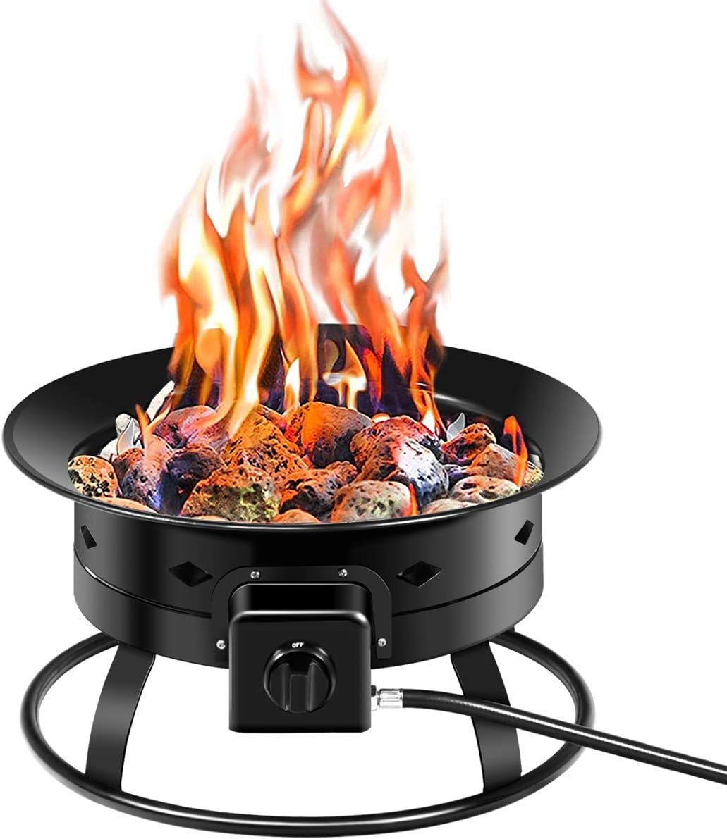 COSTWAY Outdoor Portable Propane Gas Fire Pit, 58,000 BTU Portable Fire Pit with Cover, Carry Strap & Lava Rocks, 19