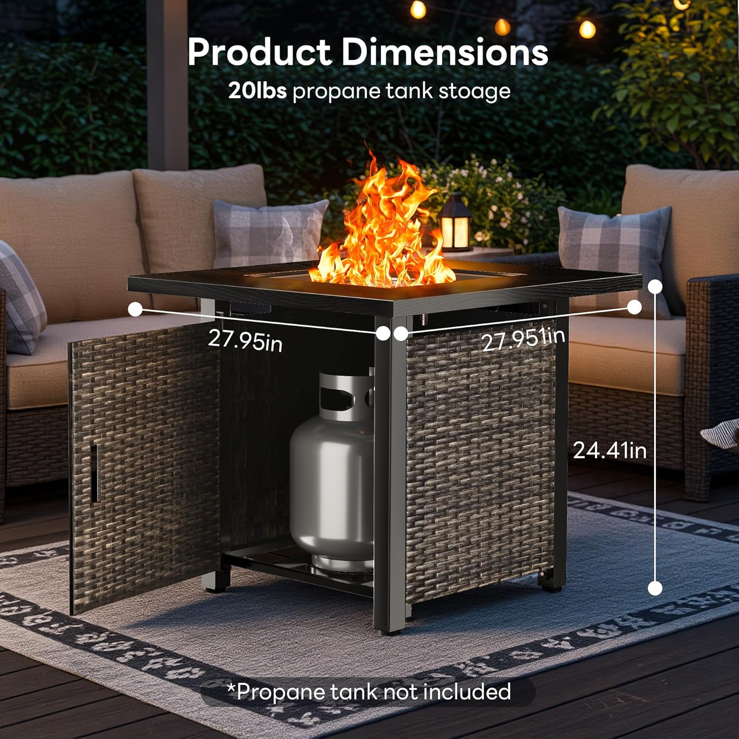28” Outdoor Propane Fire Pit Table, 50,000 BTU Square Rattan Gas Fire Pit with Lid & Blue Crystal Stones, Steel Tabletop, Adjustable Flame, 4-in-1 FirePit Table for Patio, Backyard, Outdoor Gatherings