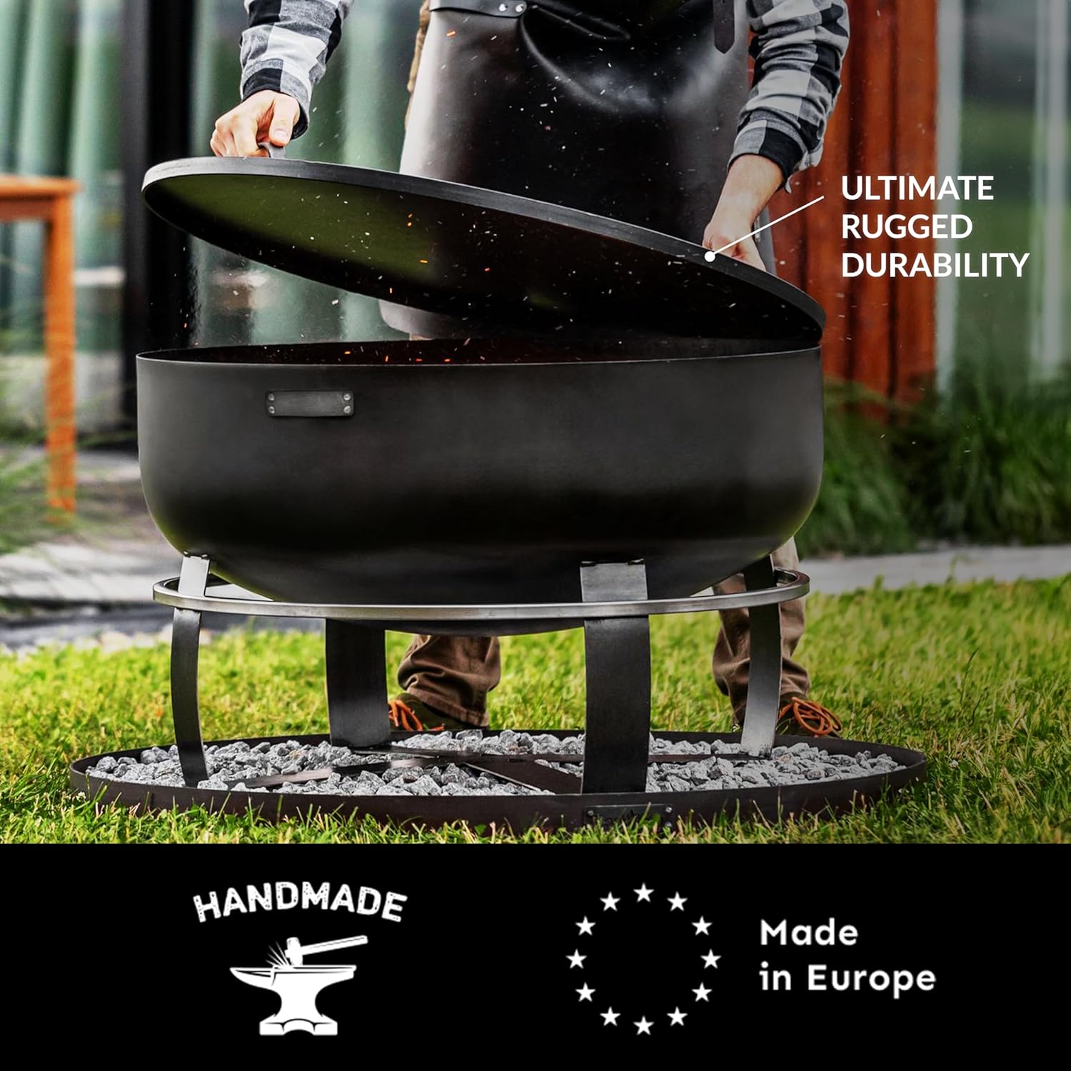 Ignition XXL Extra Large Handcrafted Fire Pit with Black Cover Lid and Wood Burning Fireplace for Backyard Bonfire Campfire for Outside, Extra Large Depth Outdoor 32