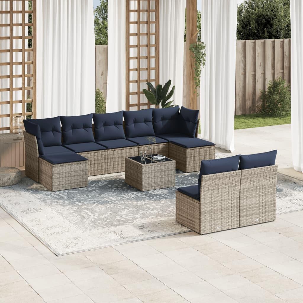 10 Piece Patio Sofa Set, Gray Poly Rattan Outdoor Furniture with Cushions, Tempered Glass Table, Modular Design for Backyard, Terrace