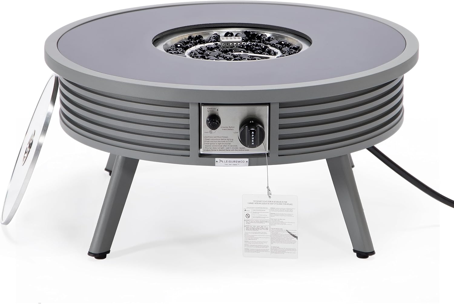 LeisureMod Walbrooke Modern Outdoor Round Fire Pit Table with Powder-Coated Aluminum Frame and Slats Design for Patio and Backyard Garden, Grey