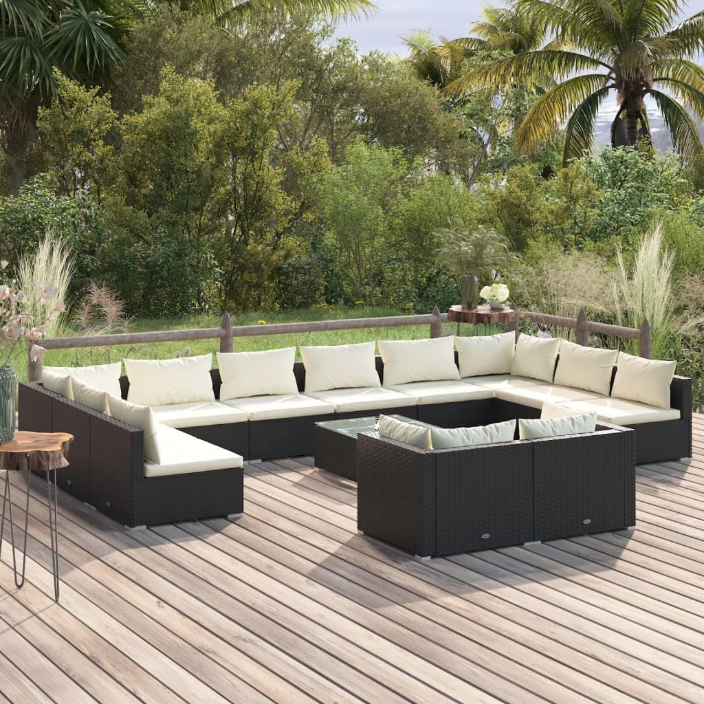 13 Piece Patio Lounge Set with Cushions Black Poly Rattan,Black 13Piece Patio Furniture Set with Rattan Sofa, Cushions, and Coffee Table Patio Furniture Sets, Outdoor Furniture Sets